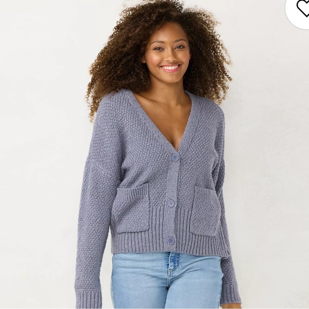 LC Lauren Conrad Shaker Crop Cardigan Button Down in Sea Smoke Small - Picture 2 of 4